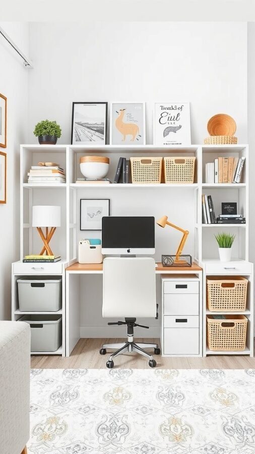 A bright home office with a desk, computer, and organized shelves featuring baskets and decorative items.
