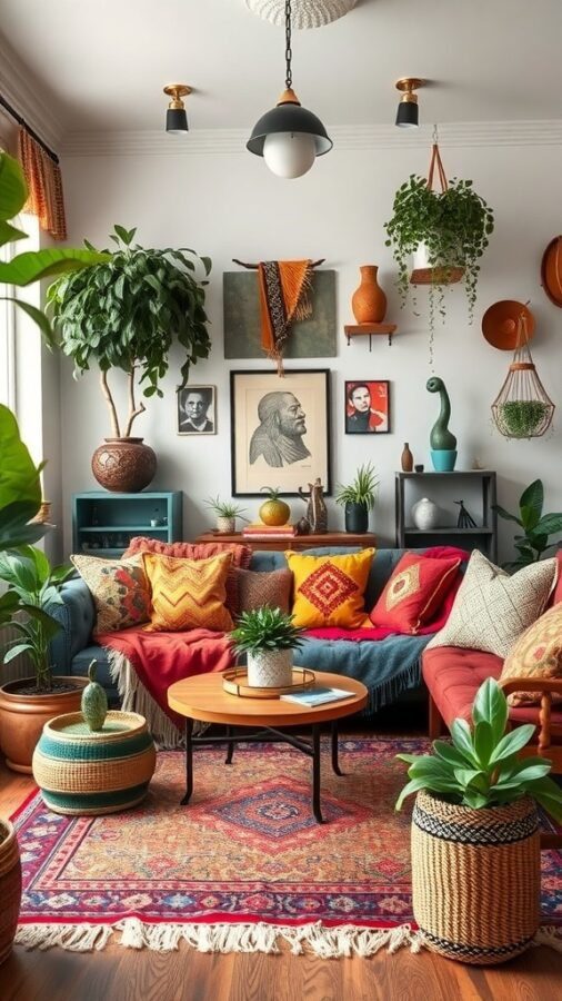 13 Awesome Home Decor Inspo to Transform Your Space 13 A bohemian living room with a blue sofa, colorful cushions, plants, and eclectic decor.