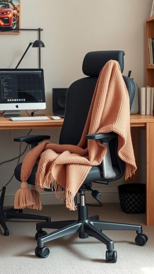 8 Essential Items for the Perfect Home Office Setup 3 A stylish ergonomic chair with a blanket draped over it, set in a cozy home office environment.