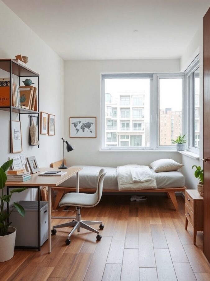 A cozy multi-functional home office with a desk, chair, bed, and plants.