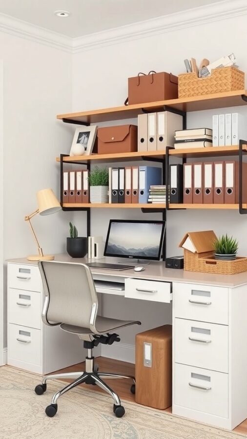 9 Must-Have Items for the Ultimate Home Office for Men 4 A modern home office setup with a desk, shelves, and organized storage.