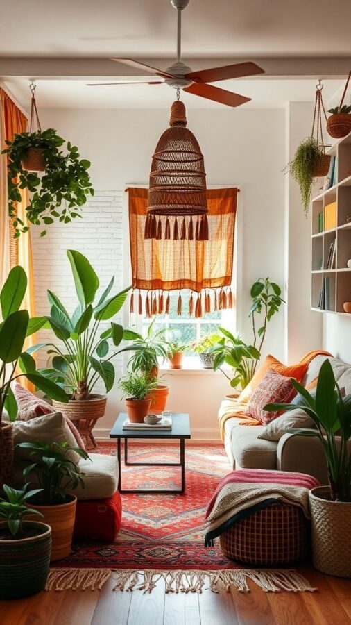 13 Awesome Home Decor Inspo to Transform Your Space 6 A cozy bohemian living room with plants, colorful pillows, and a woven pendant light.