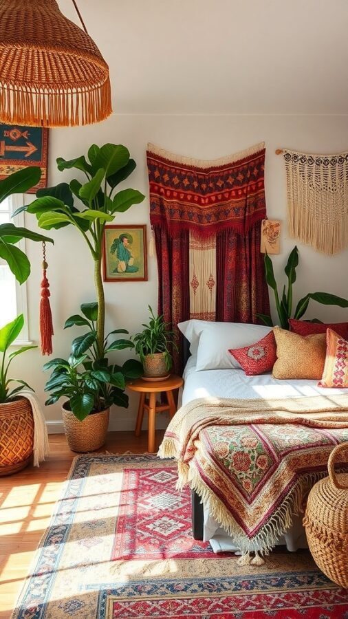 A cozy bohemian-style bedroom with layered textiles, patterned pillows, and natural decor.