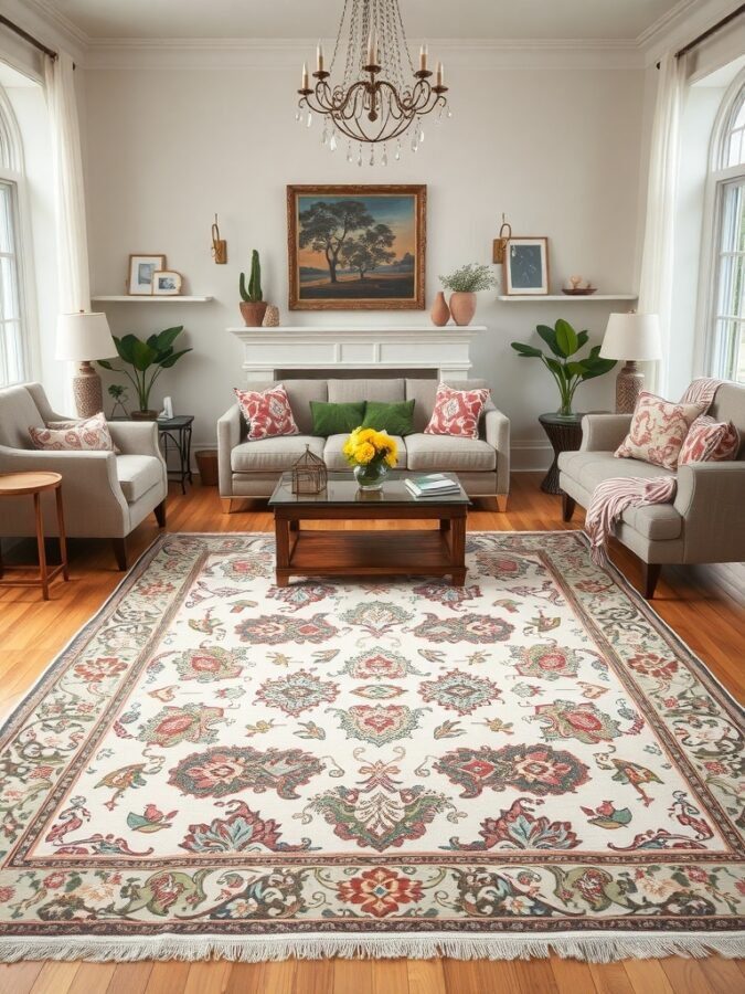 A cozy living room featuring a classic vintage rug with floral patterns, complemented by soft furniture and warm lighting.
