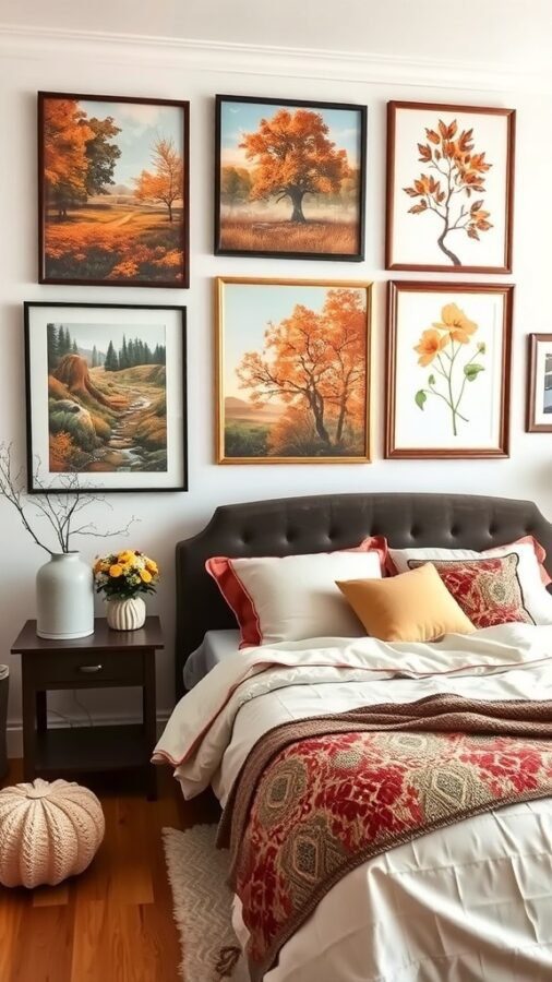 A cozy bedroom with nature-inspired artworks featuring autumn scenes on the wall.