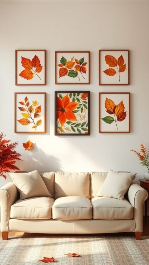 Wall art featuring autumn leaves and a flower, displayed above a cozy beige sofa in a living room.