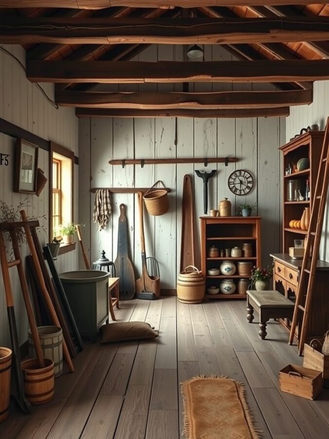 A rustic farmhouse interior featuring wooden beams, vintage tools, and cozy decor.