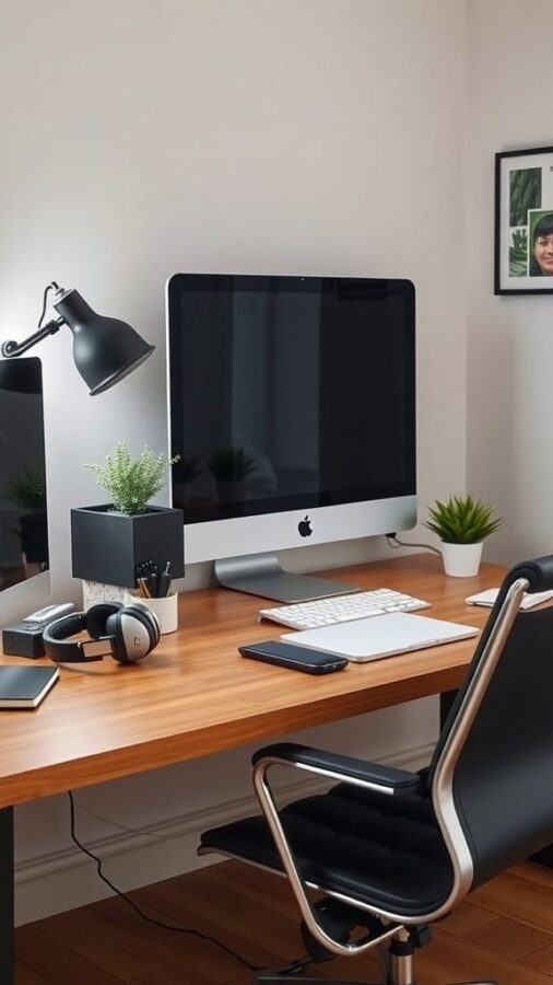 8 Essential Items for the Perfect Home Office Setup 6 A clean and organized home office setup featuring a computer, headphones, notebooks, and a tablet on a wooden desk.