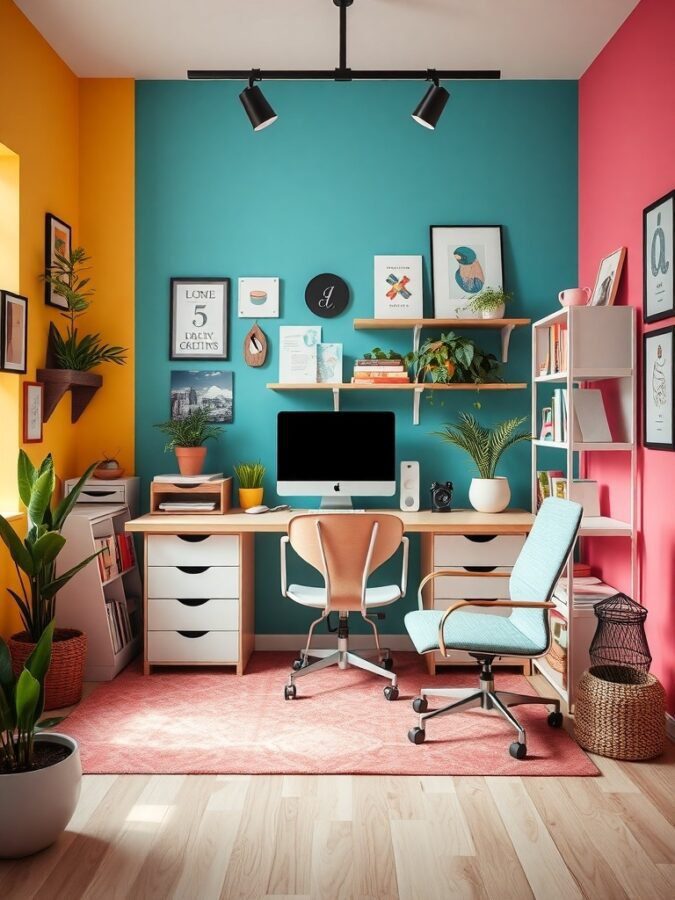 A colorful home office with teal, pink, and yellow walls, featuring a desk, computer, and plants.