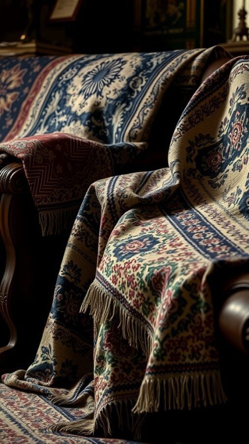 Vintage patterned textiles draped over furniture