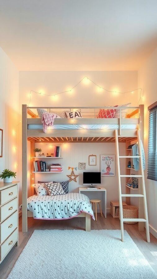 11 Essential Items for a Dreamy Girls' Bedroom Decor 1 A stylish girl's bedroom featuring a trendy loft bed with a desk underneath, warm lighting, and colorful decor.