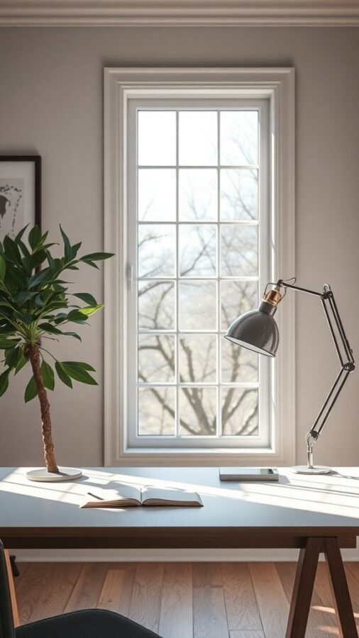 A well-organized home office with a large window, a desk lamp, and a plant.