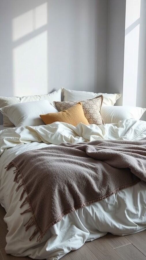 13 Essential Items for a Cozy Bedroom Retreat 1 A cozy bedroom with layered textiles, featuring fluffy pillows and a warm throw blanket.