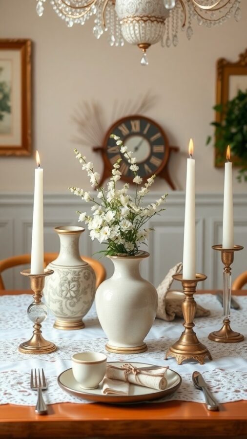 A traditional dining table set with elegant vases, candles, and fine china.