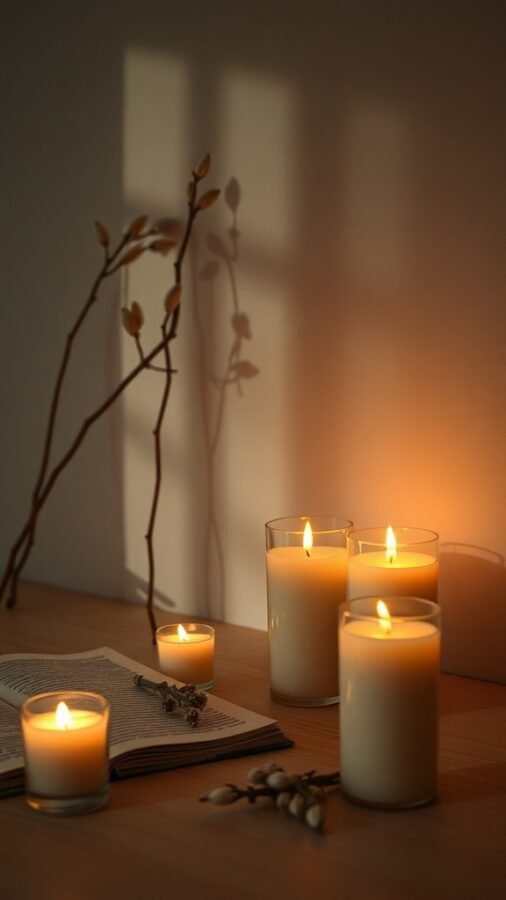 11 Cozy Home Decor Must-Haves for a Warm and Inviting Space 9 A cozy setup with lit scented candles, a book, and decorative branches.