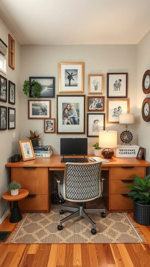 10 Stylish Elements for a Modern Home Office Upgrade 6 A modern home office with personalized decor, featuring framed photos on the wall, a desk with a computer, and plants.
