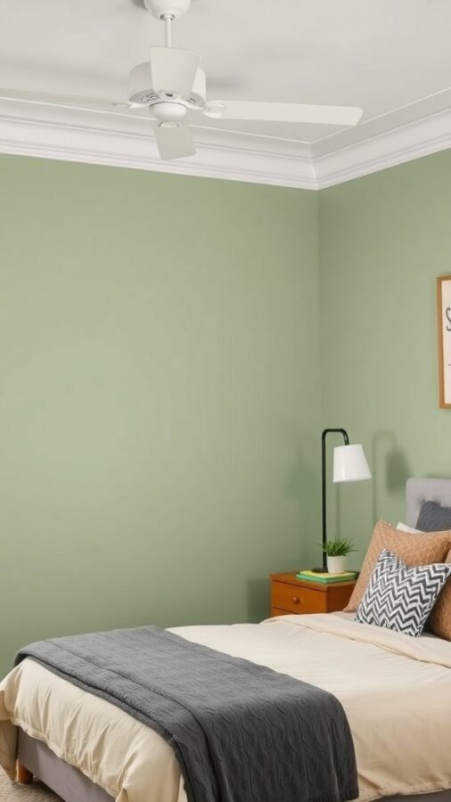 13 Stunning Sage Green Bedroom Ideas for a Serene Retreat 1 A bedroom featuring a sage green accent wall, light bedding, and a ceiling fan.