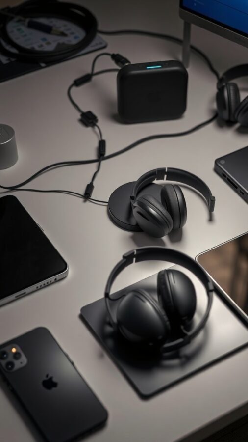 9 Must-Have Items for the Ultimate Home Office for Men 8 A modern home office setup featuring headphones, a smartphone, and a laptop on a clean desk.