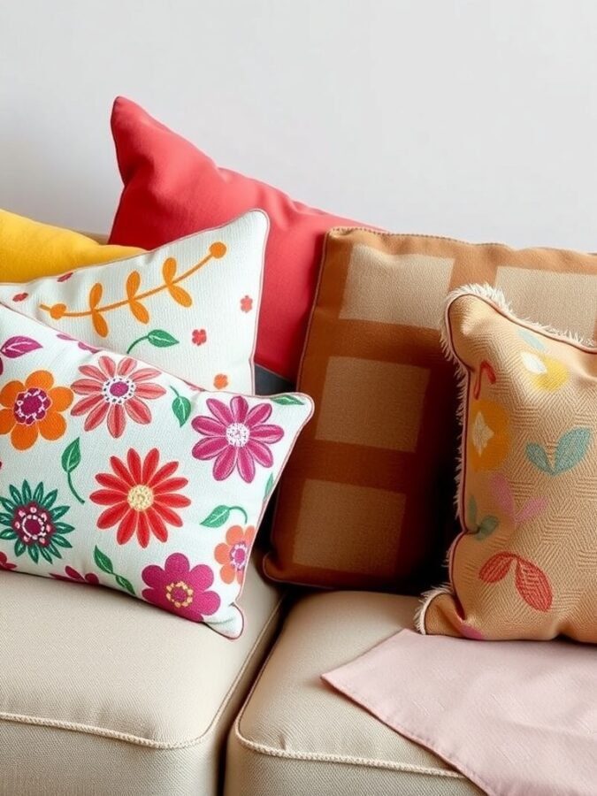 A collection of colorful throw pillows on a couch, featuring floral patterns and various textures.