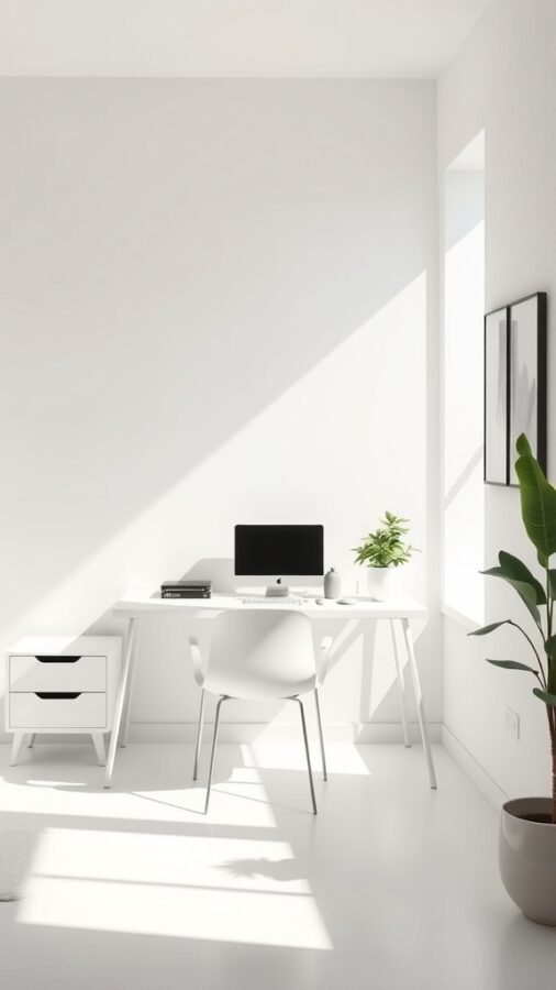 10 Inspiring Home Office Ideas for Maximum Productivity 2 A minimalist workspace featuring a white desk, computer, and a small plant in a bright room.