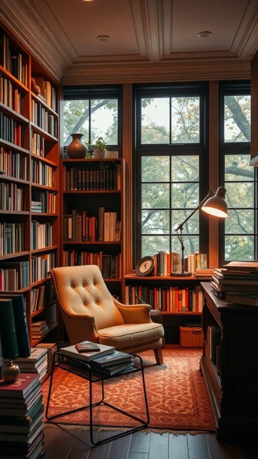 Cozy reading nook with a chair, bookshelves, and natural light