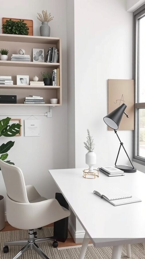 A cozy home office with a clean desk, organized shelves, and a comfortable chair.