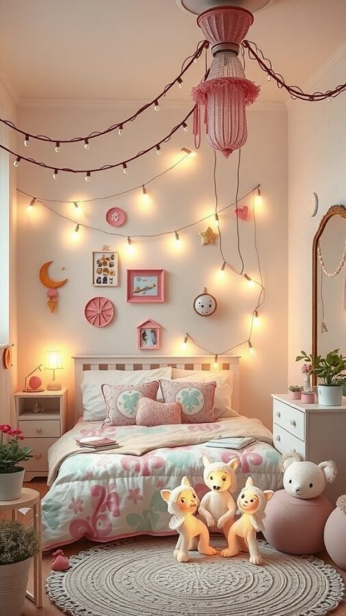 A cozy bedroom with pink decor, string lights, and playful stuffed animals.