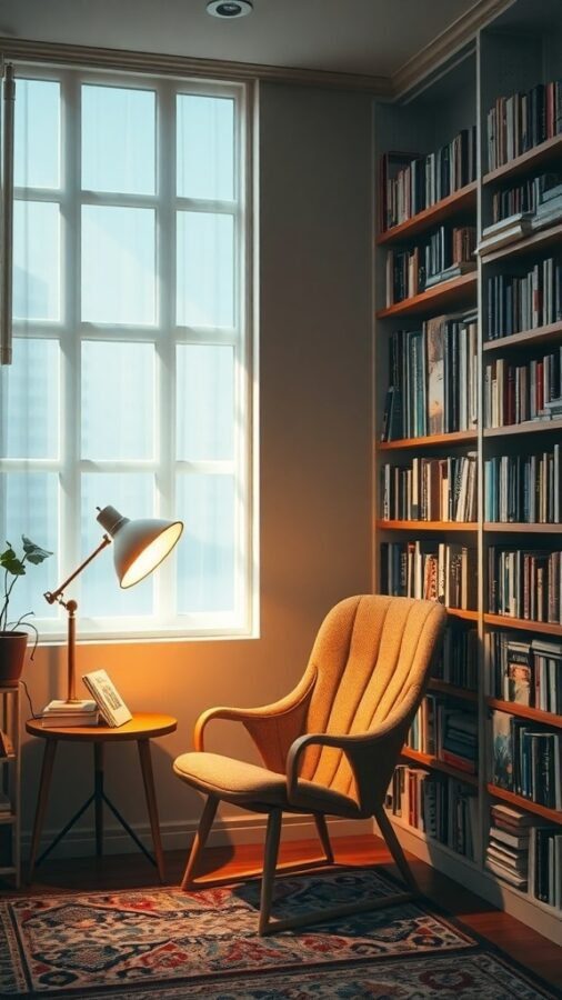 A cozy reading nook featuring a stylish chair, a warm floor lamp, and a bookshelf filled with books.