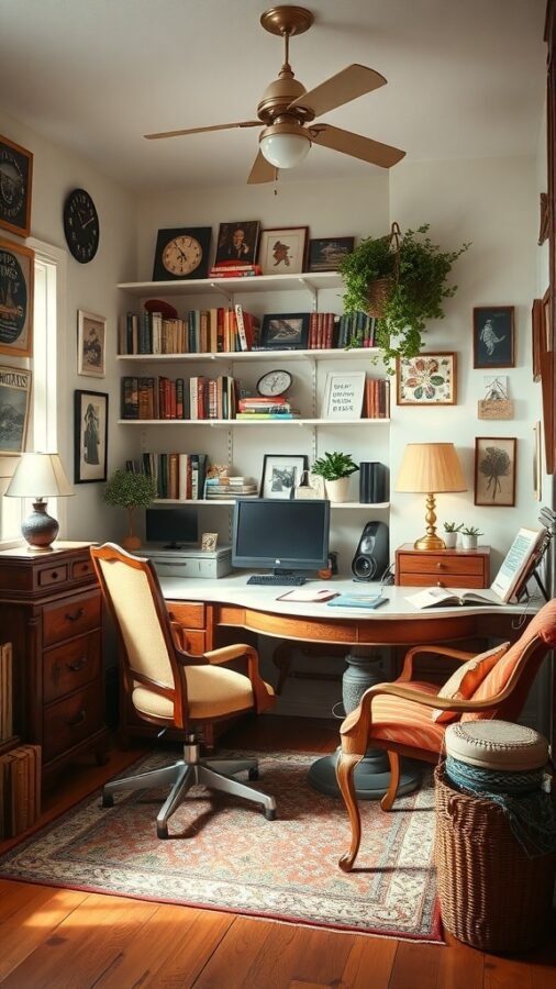 A cozy vintage-inspired home office with wooden furniture, framed pictures, and bookshelves.