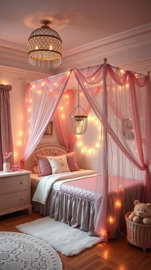 11 Essential Items for a Dreamy Girls' Bedroom Decor 2 A whimsical fairy tale themed girl's bedroom with pink drapes, fairy lights, and a cozy atmosphere.