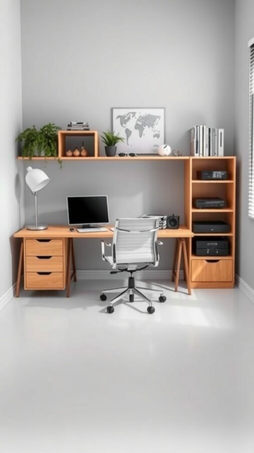 10 Stylish Elements for a Modern Home Office Upgrade 5 A modern home office with a wooden desk, ergonomic chair, and shelves with plants.