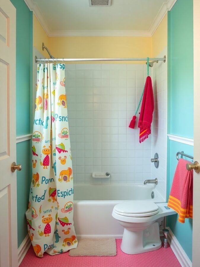 A colorful bathroom with a playful shower curtain featuring animals, bright towels, and pastel walls.