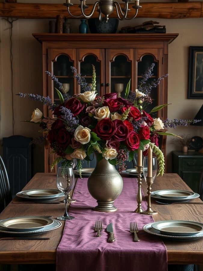 A floral arrangement featuring dark red and white roses in a vintage vase on a wooden dining table, with elegant tableware and candles.