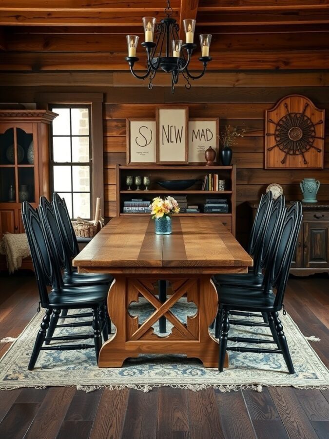 A rustic dining room featuring a wooden table with intricate design and black chairs, complemented by a chandelier and wooden walls.