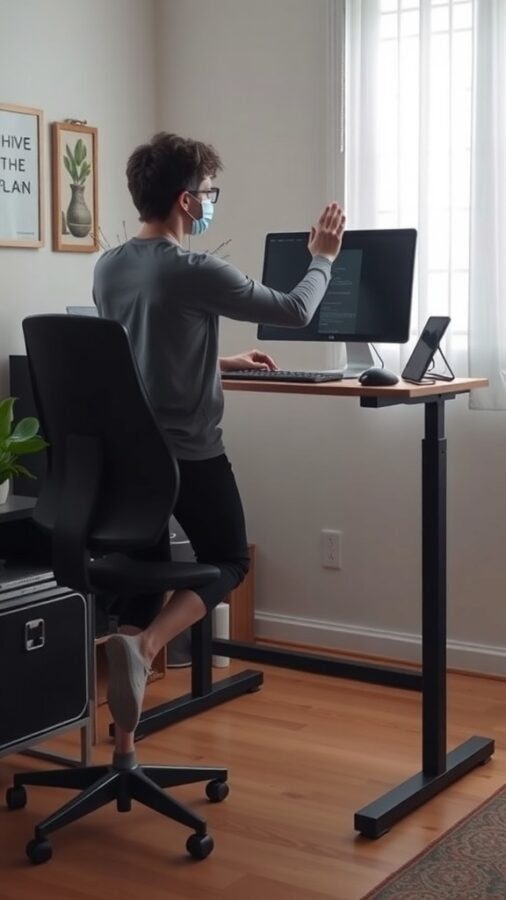 5 Essential Items for Your Standing Desk Home Office 3 A person working at a standing desk in a home office, wearing a mask and engaged with their computer.
