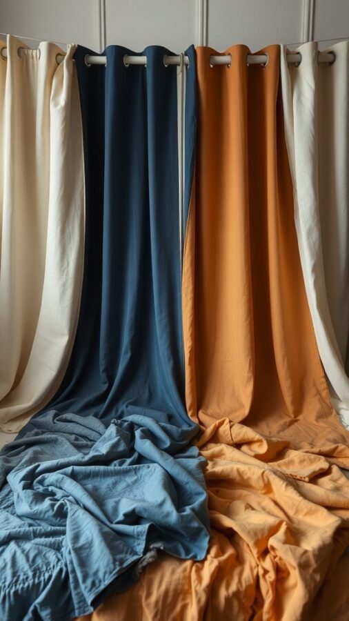 11 Stunning Curtain Ideas to Transform Your Bedroom 5 A variety of curtain fabrics in different colors, including blue, orange, and cream, displayed in a draped manner.