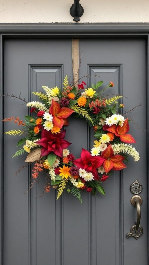 A colorful autumn wreath with red, yellow, and green flowers on a gray front door.