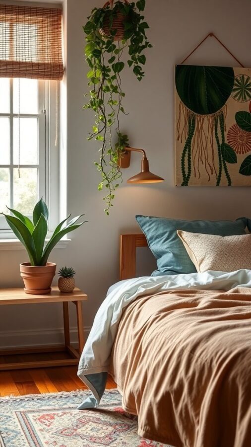 A cozy bedroom featuring various plants in earthy pots, creating a warm and inviting atmosphere.