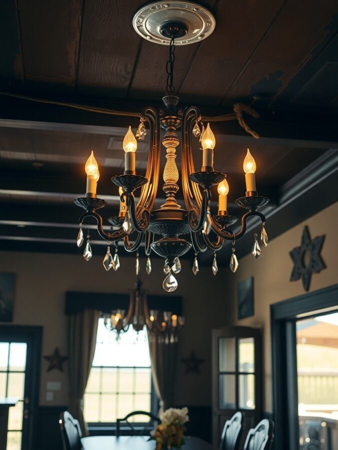 A gothic chandelier with candle-like bulbs and crystal accents hanging in a room.