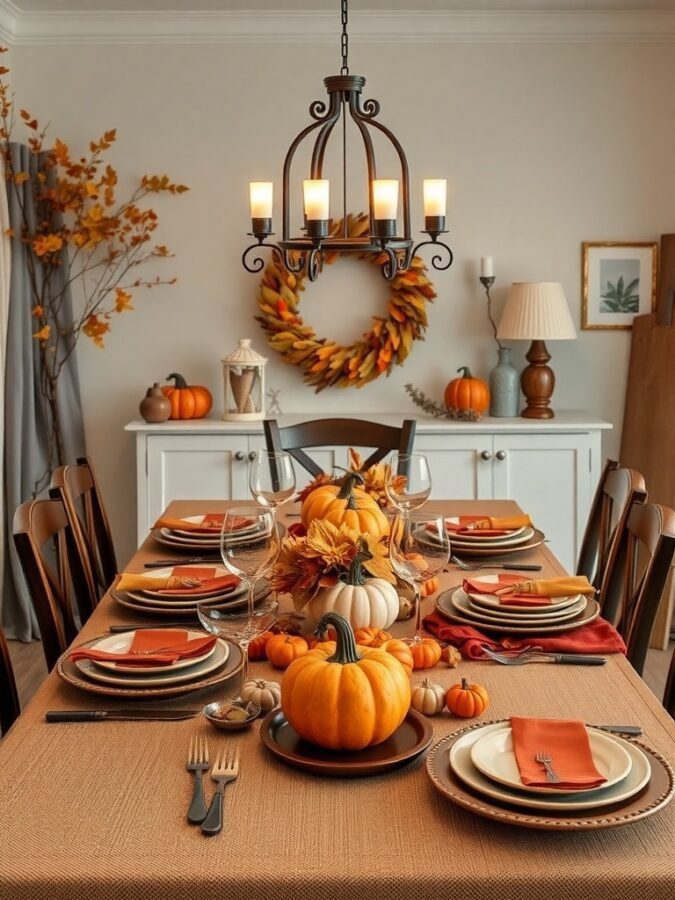 A beautifully arranged fall table setting with pumpkins and warm colors.