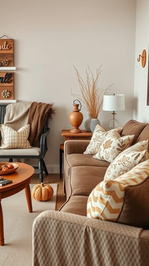 A cozy living room decorated for fall with comfortable seating, decorative pillows, and seasonal decor.