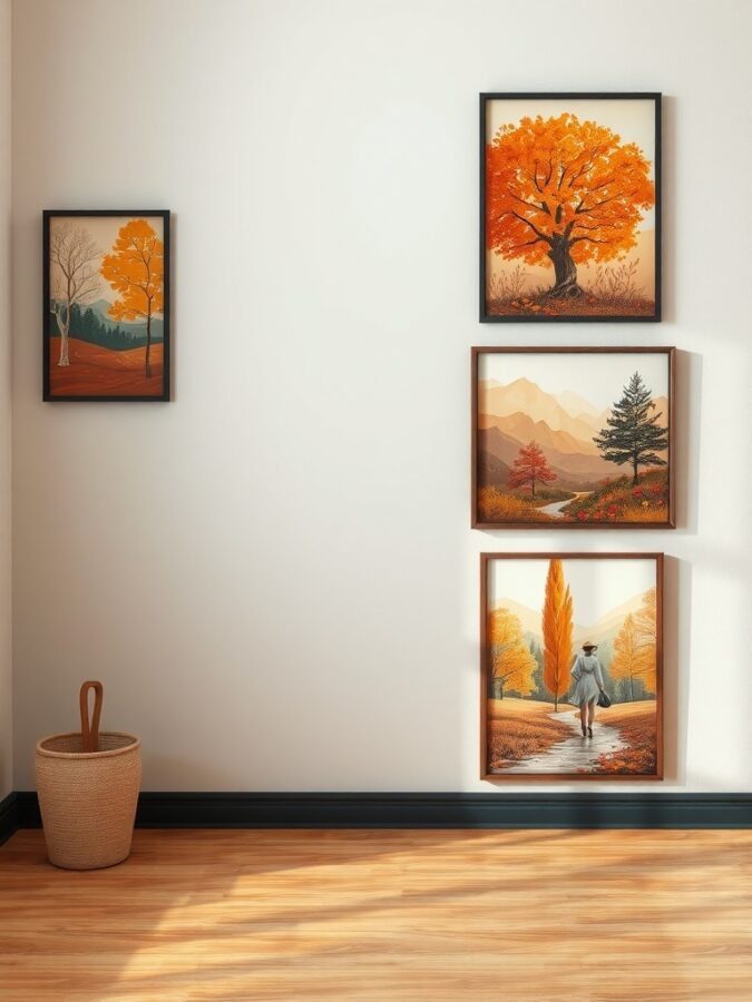 A cozy wall featuring nature-inspired fall art with warm colors and autumn themes.