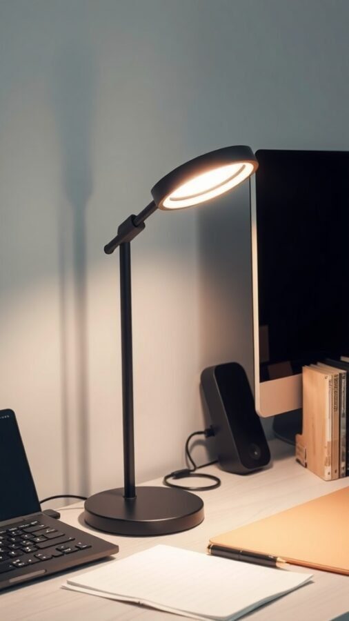 10 Must-Have Lighting Solutions for Your Home Office 2 A modern adjustable desk lamp illuminating a workspace with a computer and notepad.