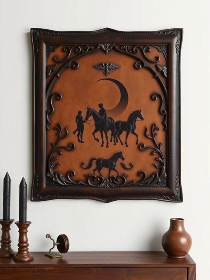 Leather wall art featuring horse riders and intricate designs in a dark frame.