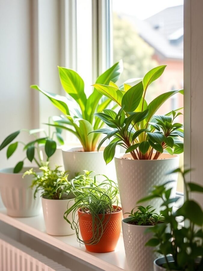 12 Charming Grandmacore Home Decor Items You Need to Try 9 A collection of houseplants in ceramic planters on a windowsill