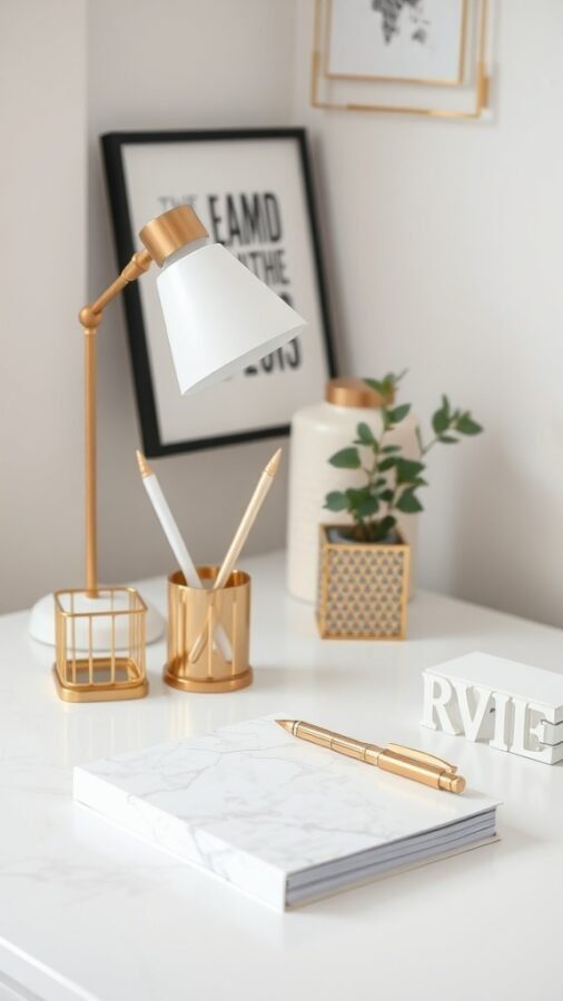 A stylish home office desk featuring a modern lamp, gold pen holder, marble notebook, and decorative items.