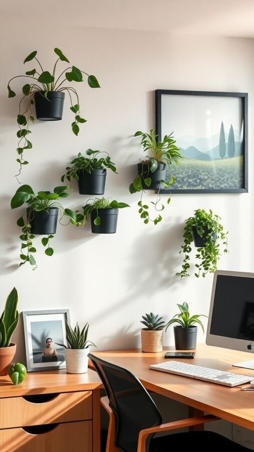 11 Inspiring Home Office Wall Decor Ideas to Boost Your Productivity 7 A home office with wall-mounted plants and a framed landscape picture, showcasing nature-inspired decor.