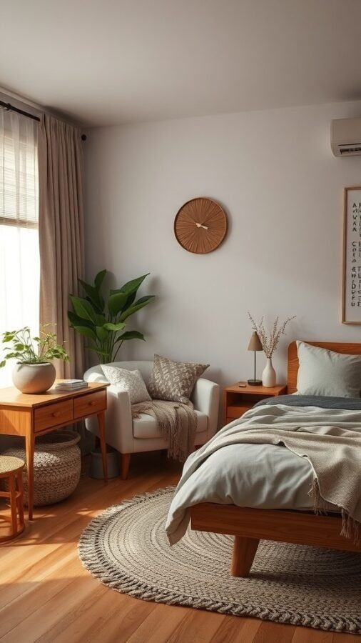 13 Essential Items for a Cozy Bedroom Retreat 5 A cozy bedroom featuring wooden furniture, plants, and soft textiles, creating a serene atmosphere.