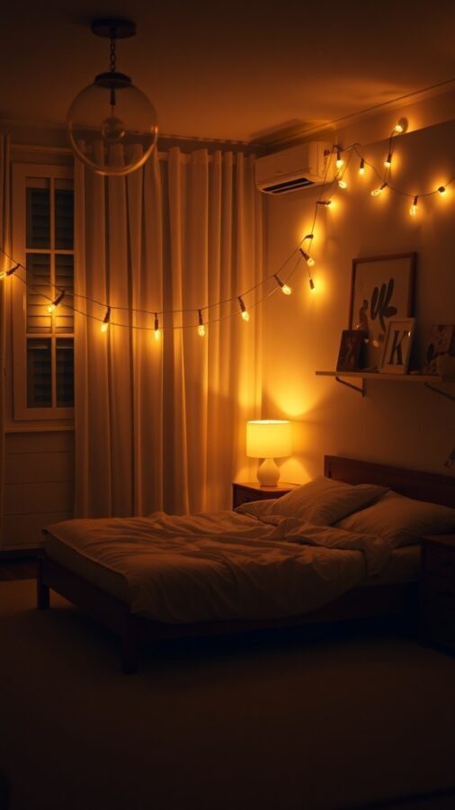 A warm bedroom with soft lighting, featuring a bed, lamp, and string lights.