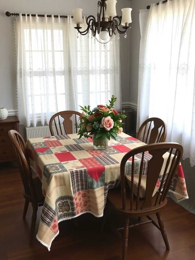 12 Charming Grandmacore Home Decor Items You Need to Try 10 A dining table with a patchwork tablecloth, wooden chairs, and a floral centerpiece in a bright room.